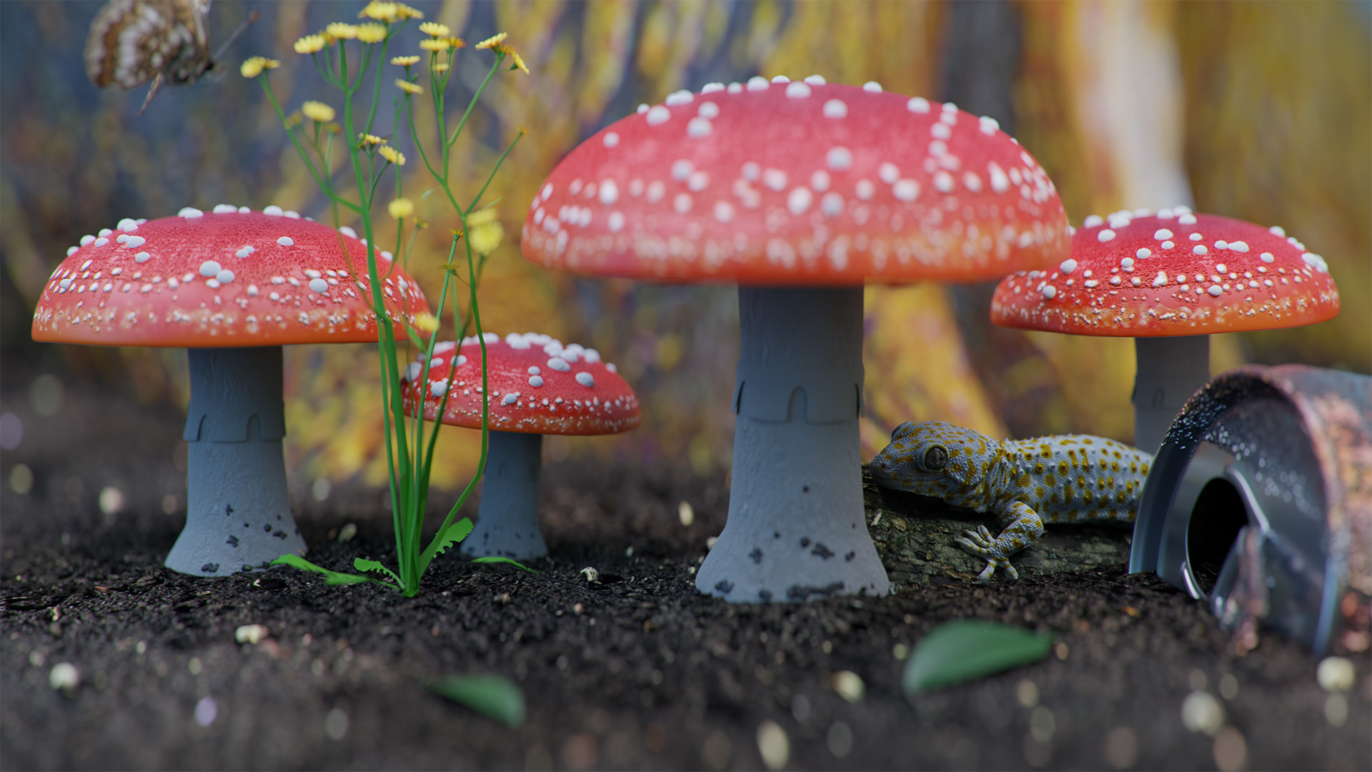 Scène nature : champignons, papillon et lézard